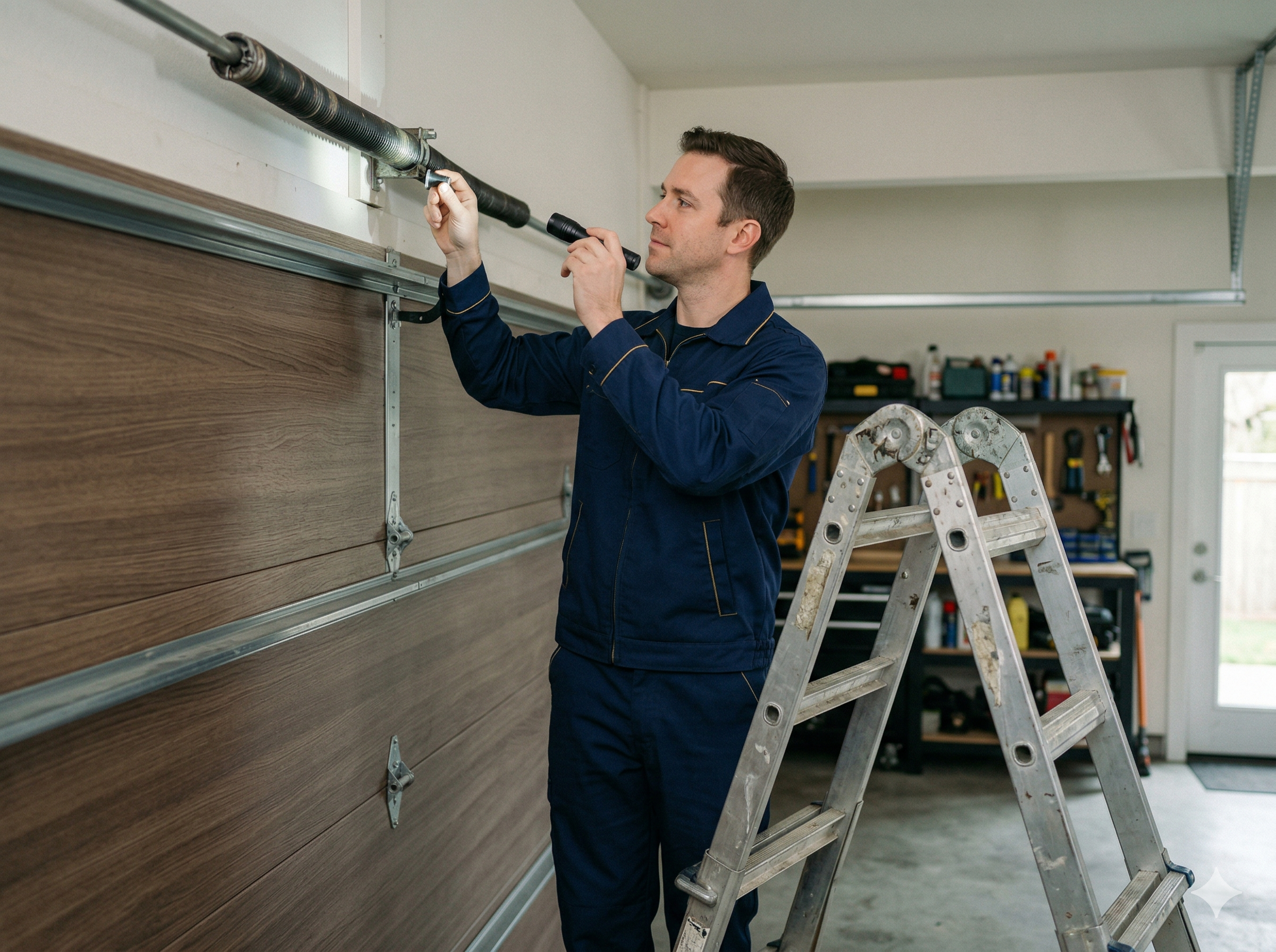 Technician inspecting a residential garage door spring