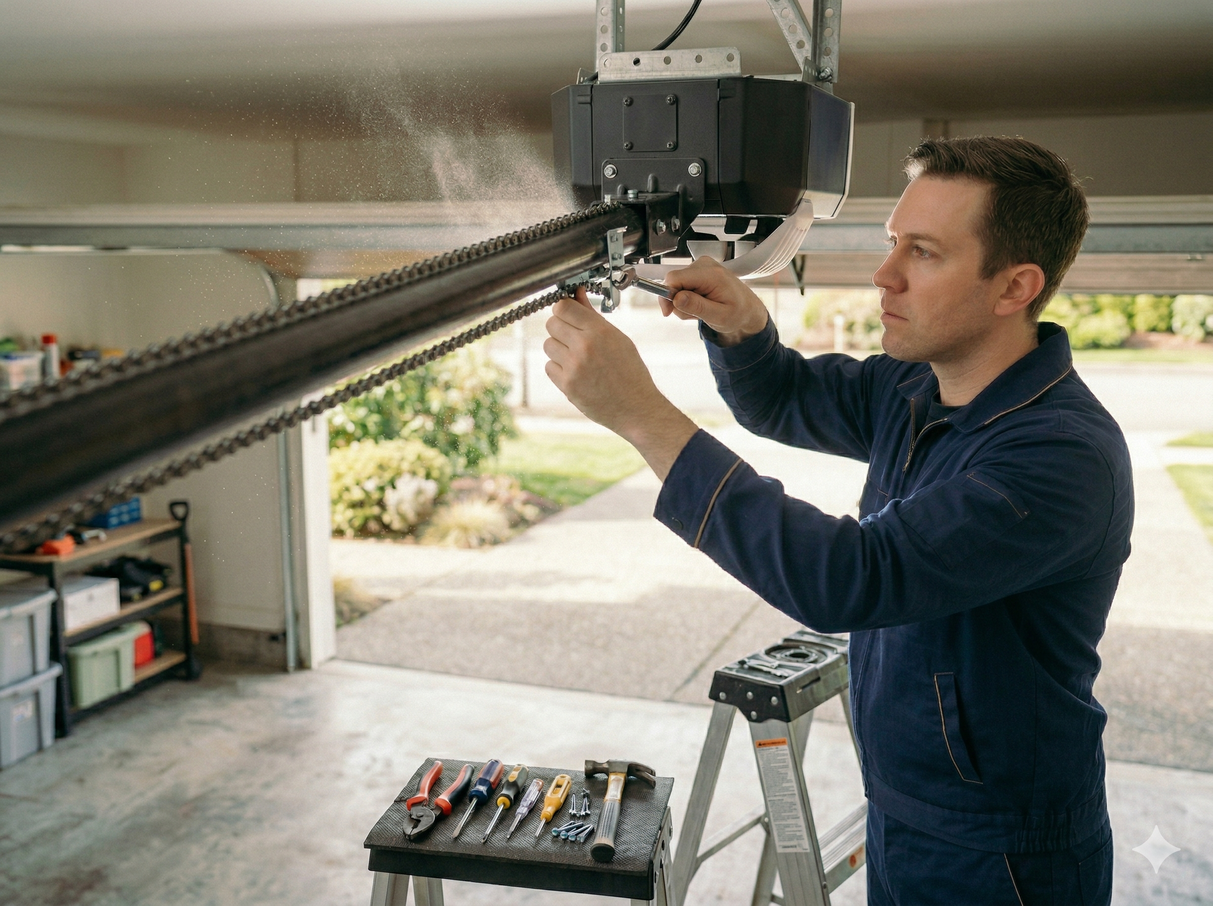 Technician installing a torsion spring on a garage door