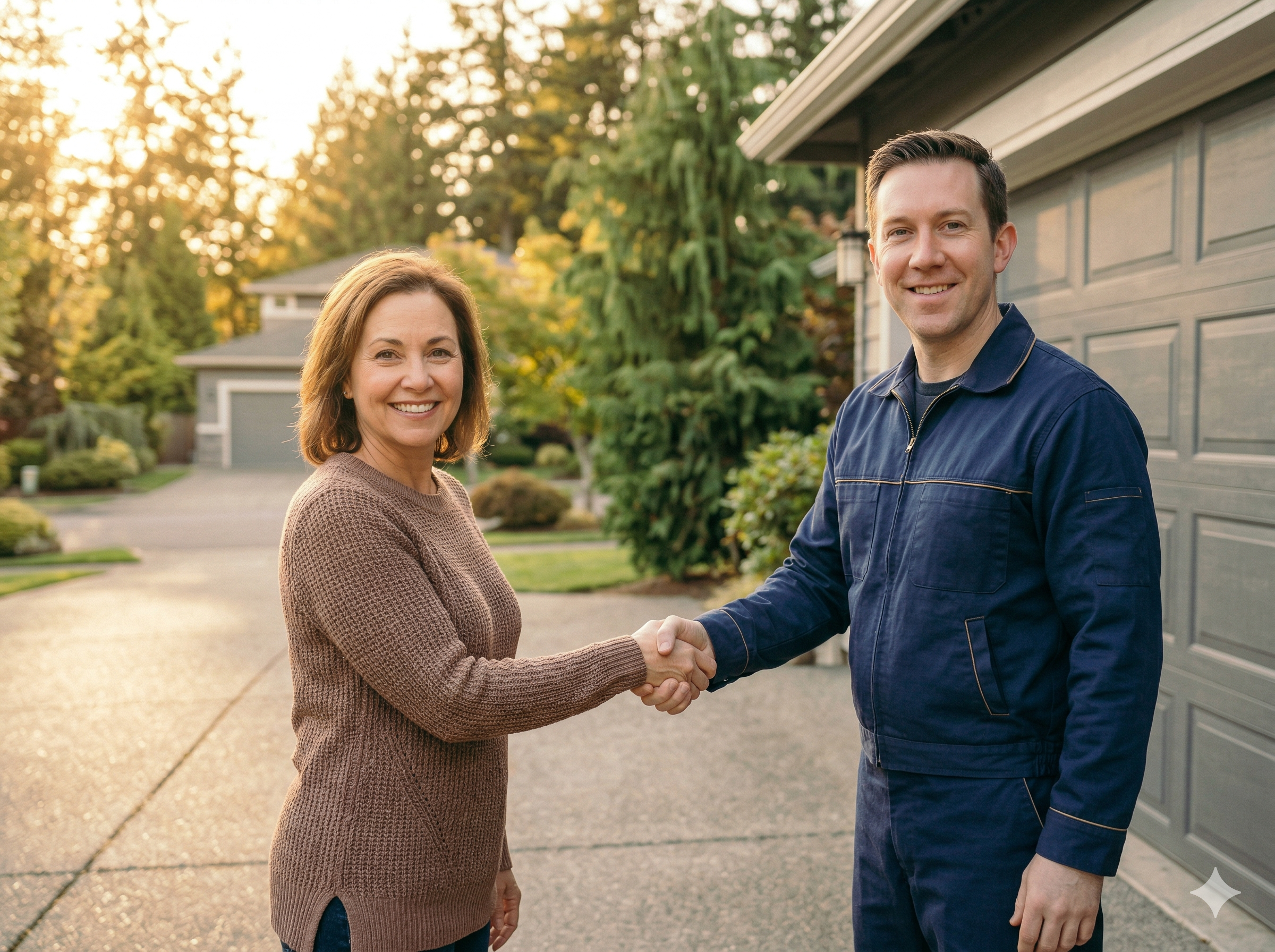Technician shaking hands with homeowner after garage door service