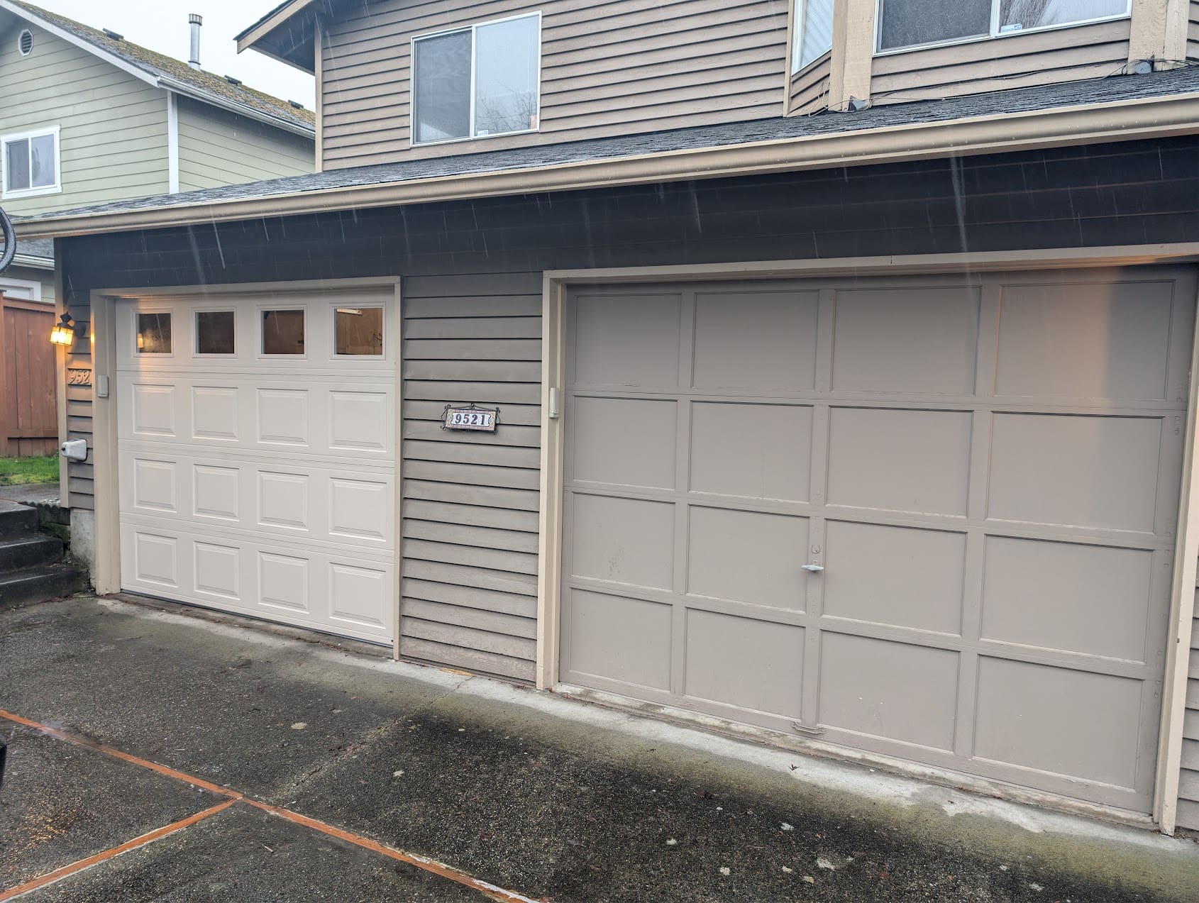 Before and after garage door replacement — old damaged door replaced with new insulated steel door by Northbridge Garage Door